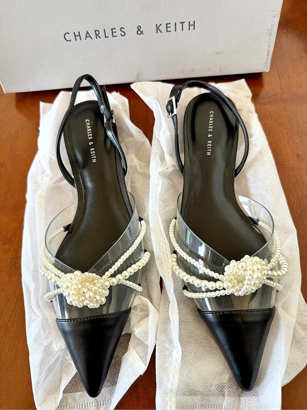 Charles & Keith Pearl-Embellished Slingback Flats